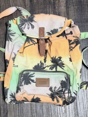 Pink Palm-Print Canvas Backpack - Green/Orange/Peach